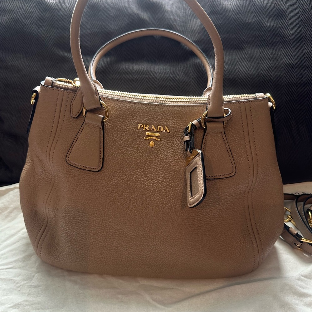 Prada Taupe Pebbled Leather Satchel with Gold Hardware - Prada